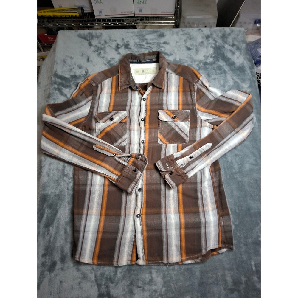 21MEN Mens Brown Orange Plaid Flannel Button Down Shirt Medium RN94981 CA40198